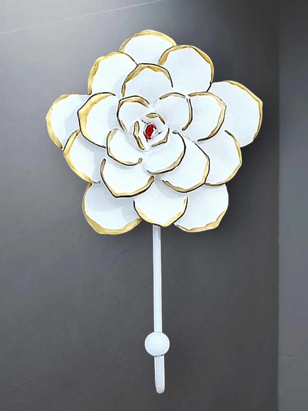 Floral Wall Coat Hooks Set Of 6 - White With Hand Painted Gold Trimmed Petals
